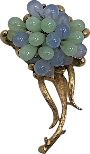 Corocraft Vintage Blue And Green Bulb Glass Flower Brooch Signed Costume Jewelry