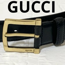 Gucci Black Leather Belt Gold Logo Buckle 90/36 Men's Designer 3cm Width JAPAN