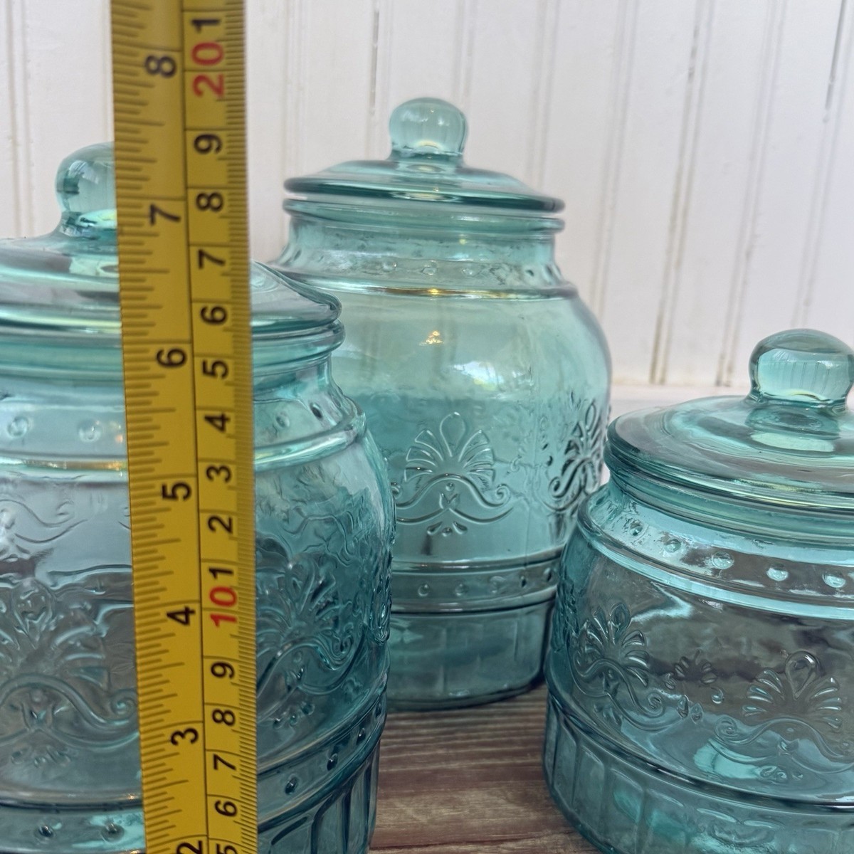 The Pioneer Woman Cassie Teal Embossed Glass Canister 3-Piece Set