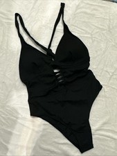 Black One Piece Swimsuit Ruched Deep V-neck Ribbed Lattice front XL