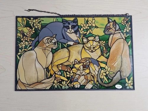 Vintage Joan Baker Tiffany Cats Stained Glass Panel 16.5x10.5 Painted Glass Art