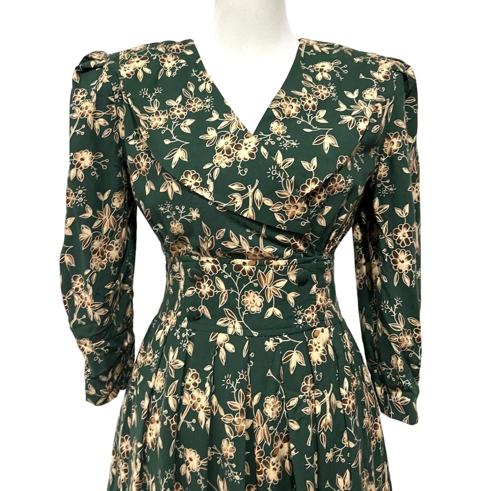 Vintage L.G. Star Green Floral Midi Dress Collar Pleated Shoulders Women’s Sz 8 - Image 2 of 4