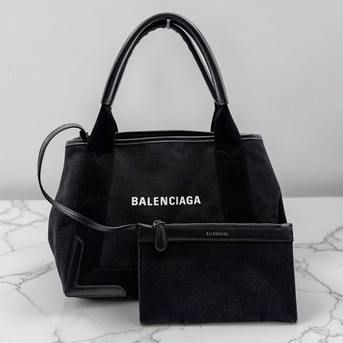 Balenciaga Navy Cabas S Black Leather Canvas Handbag Pouch Authentic