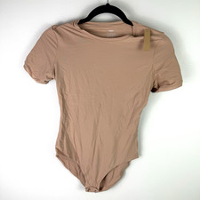 ESHEF Short Sleeve Bodysuit Neutral Brown Stretch Minimalist Layering Top S