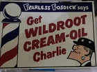 VINTAGE "FEARLESS FOSDICK" EMBOSSED METAL BARBER SHOP SIGN (~14"x11")