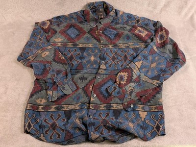 Vintage Structure Silk Mens M Aztec Southwestern Geometric Button Up Shirt 90s