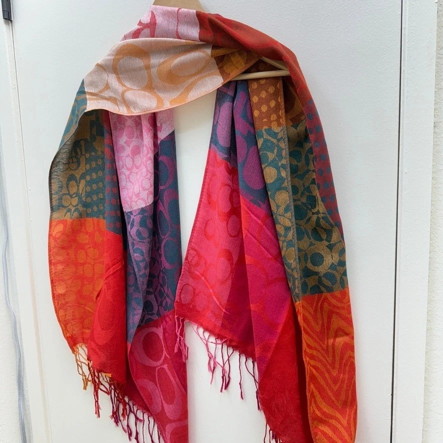 Coach Multicolor Pashmina Scarf Patchwork Signature C Colorful Winter Soft - Image 3 of 4