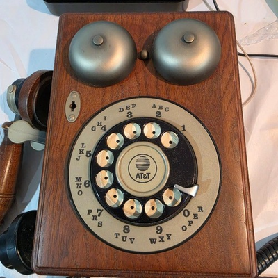 #ad Western Electric ATamp;T Oak Wall Telephone Rotary Dial Dual Bells Reproduction $119.99