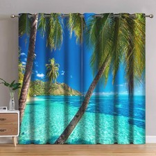 Jekeno Ocean Palm Tree Blackout Curtains Tropical Beach Theme Clear Sea Islan...