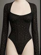Avidlove Women  s Black Sheer Glitter Long Sleeve Bodysuit Solid Size S