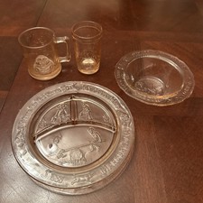 Vintage Tiara Glass Children Set Nursery Rhyme plate, cup, cup w handle bowl