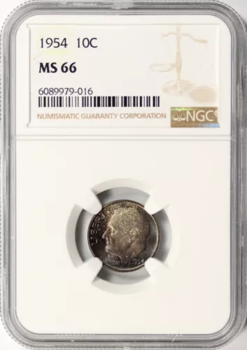 1954 10c Roosevelt Silver Dime NGC MS66 Color Toning