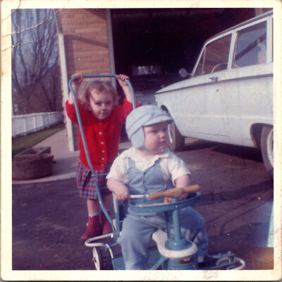 1969 Cute Kids Boy Girl Fashion Car Color Snapshot Found Photo 3.25'' x 3.25''