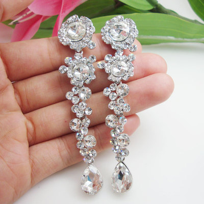 Silver Tone Bride Roses Flower Teardrop Dangle Earrings Clear Austrian Crystal 