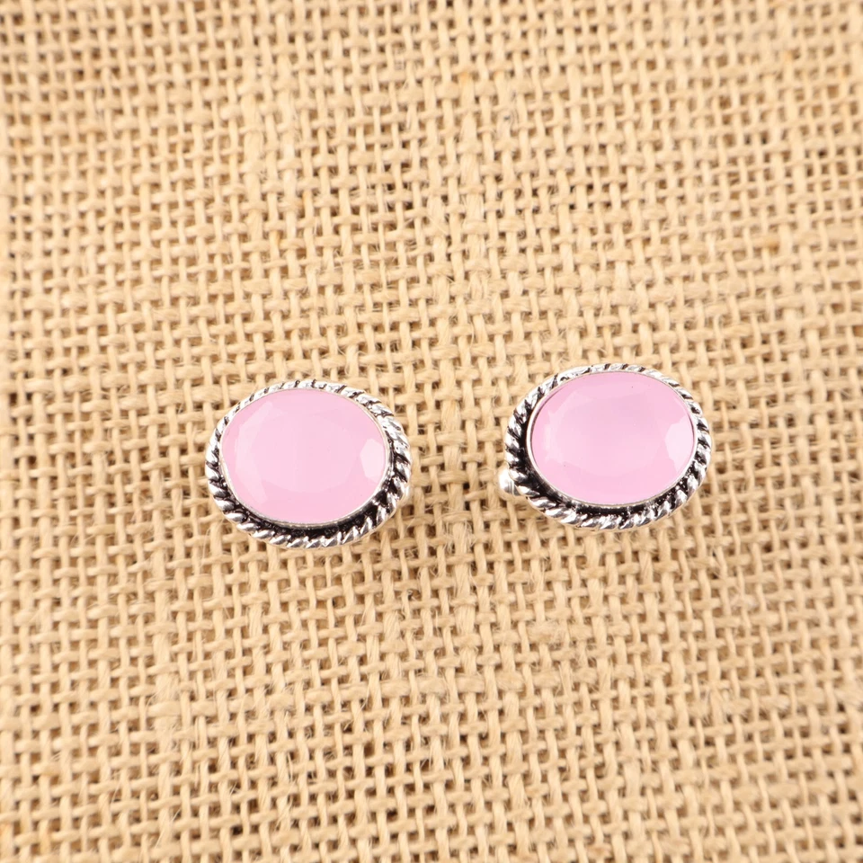 Gemelos de plata de ley 925 hechos a mano con piedras preciosas de calcedonia rosa natural HA Foto 2 de 4