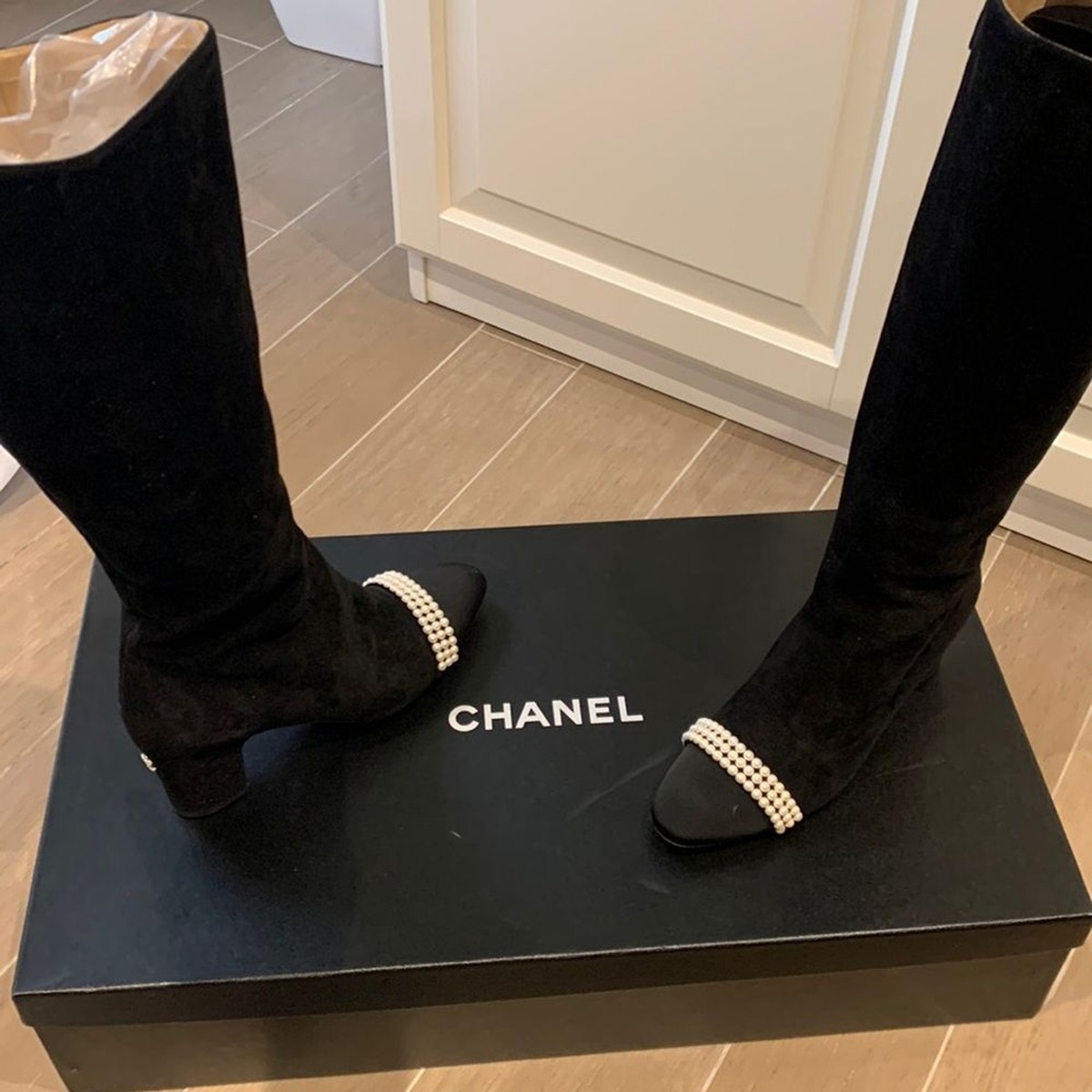 Beautiful knee-high Black suede Chanel Boots with pearls at toe