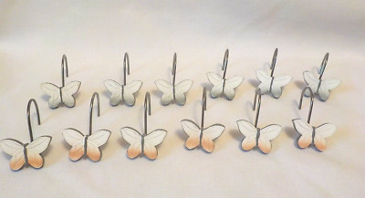 LISA AUDIT Butterfly 12 Shower Curtain Hooks Rings Ombre Peachy Orange & Gray