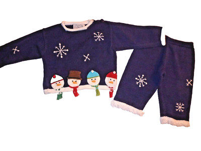18-24M 2T ZACKALI-4-KIDS Navy Snowman Pants Set Fringe Christmas Winter