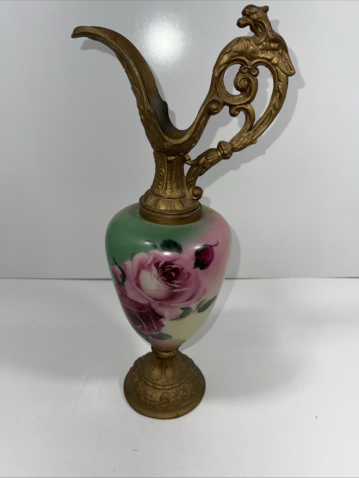 Antique French Ewer, Hand Painted Glass Vase, Painted Metal Mounts