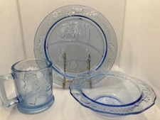 Vintage Indiana Glass Child's Nursery Rhyme Plate, Bowl and Cup - Blue 