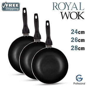 Carbon Steel Non Stick Wok Insulated Handle Round Cooking Pot Black 24-28 Cm