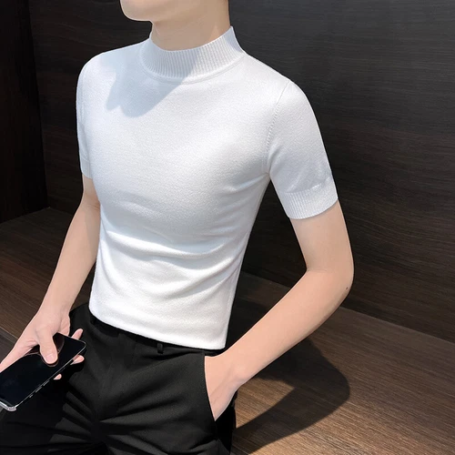Half Turtle Neck Men Base Shirt Spring New Short-sleeved Sweater Knitted T-shirt - Picture 32 of 32
