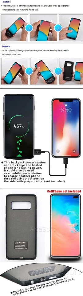 6000mAh Back Pack 电站 适用于三星 Galaxy S10+ SM-G975U 无锁版手机 — 第 3/3 张图片