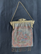 1920's ANTIQUE FRENCH MICRO STEEL BEADED FIGURAL PURSE BRONZE DRAGONS SILK LINED