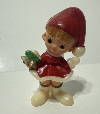 Vtg Kitschy Elf Girls Christmas Figure Miniature Pixie Celluloid Wired To Hang