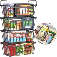 4 Pk Freezer Organizer Bins Stackable Metal Baskets w/ Foldable Handles 5-7Cu Ft