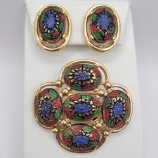 Sarah Coventry Light Of The East Set Brooch Clip On Earrings Faux Mosaic 60s 
