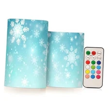  Christmas Lights Flameless Candles Teal Turquoise Snowflake Pillar Snowflake 2