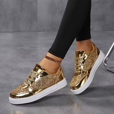 Women'S Golden Glitter Sneakers - Low-Top Lace-Up Shoes with Sparkling Glitter