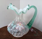 Fenton Art Glass MEADOW BEAUTY Pitcher Opalescent Swirl Sea Mist Green Trim