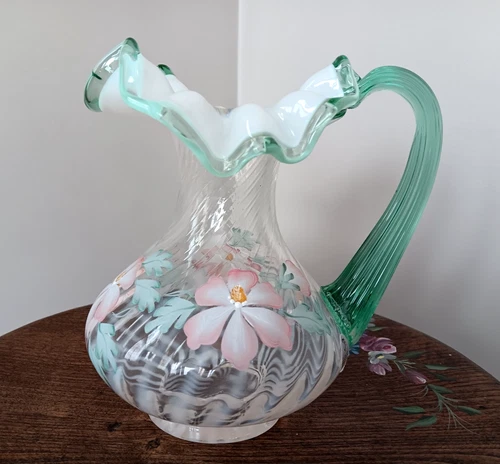 Fenton Art Glass MEADOW BEAUTY Pitcher Opalescent Swirl Sea Mist Green Trim