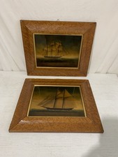 Coppia Quadri Navi Nautici Reverse Glass Vintage Cornice Radica 49x42 cm