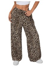 Womens Leopard Print Animal Wide Leg Pants Elastic Waist Trousers Pockets
