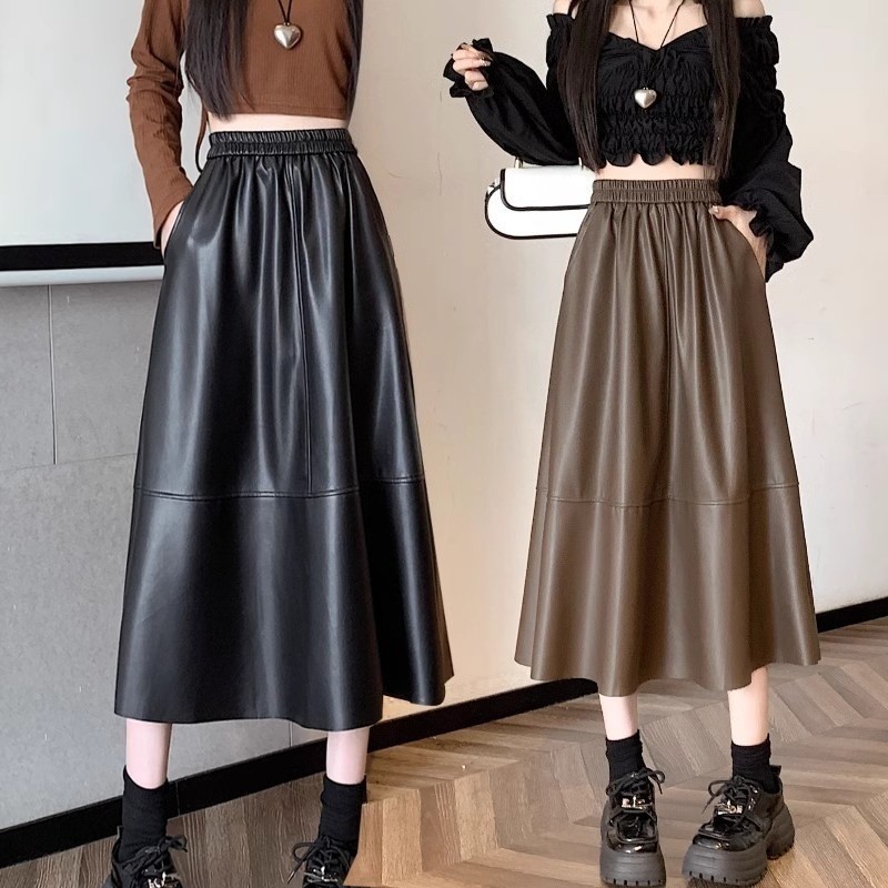 Lady Faux Leather Skirt Midi High Waist Pleated Casual A-line