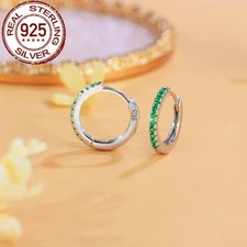 Green Cubic Zirconia Small Round Hoop Earrings 925 Sterling Silver Women Jewelry