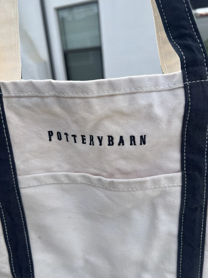 Bolso de Mano Pottery Barn Lona Preppy Blanco Azul con Cremallera Logo Bordado Preppy Foto 3 de 4