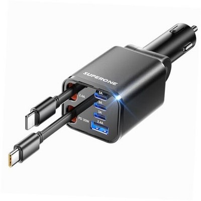 Retractable Car Charger, SUPERONE 99W Car Phone Type C & Apple Cord Black