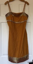 Sue Wong Vintage USA Linen Blend Gold trim Dress Spaghetti straps