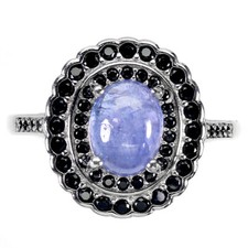925 Sterling Silver Oval Blue Tanzanite 8x6mm Black Spinel Ring Size 8