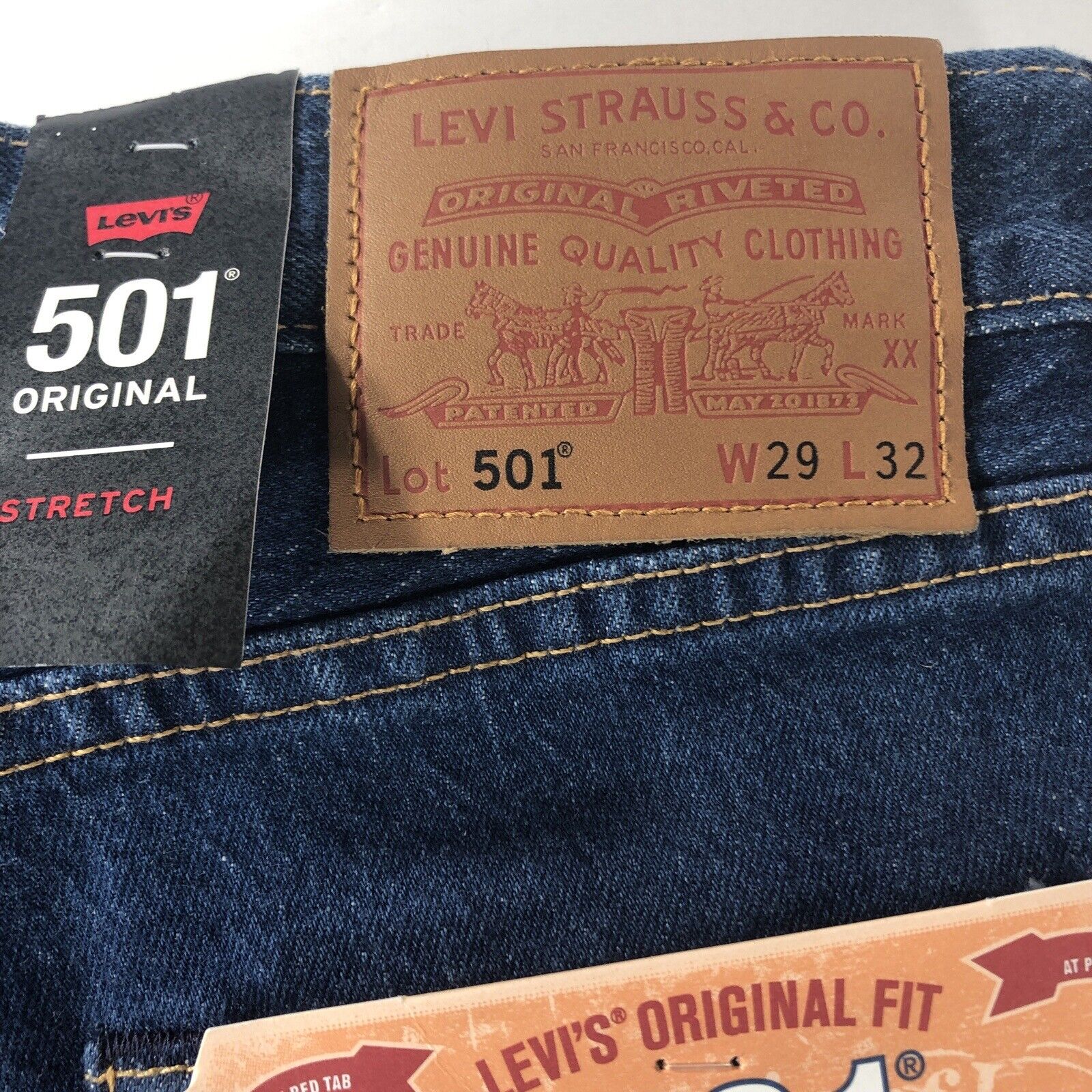 Vintage Levis 501XX Big E Denim Blue Jeans with Leather Patch Men 29W X 32L  NOS