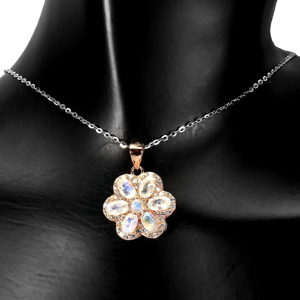 925 Pietra di Luna Ovale Argento Sterling 5x3mm Finto Cz Collana 45.7cm - Immagine 2 di 4