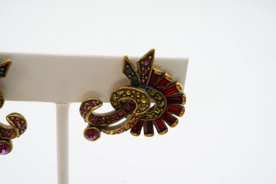 Clip On Earrings Brass Tone Red Green Orange Crystal - Image 3 of 4