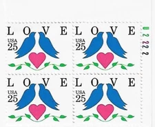 US Love Birds Doves 25c stamp Plate block of 4 Scott #2440