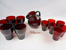 Dark Ruby Red Glasses and Pitcher Set- 6 (4") Glasses and 5 (3.5") Glasses