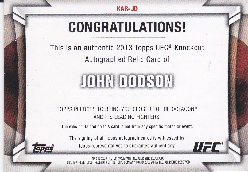 JOHN DODSON - 2013 Topps UFC Knockout Autographed Relic Card #KAR-JD (#135/299) - Image 2 of 2