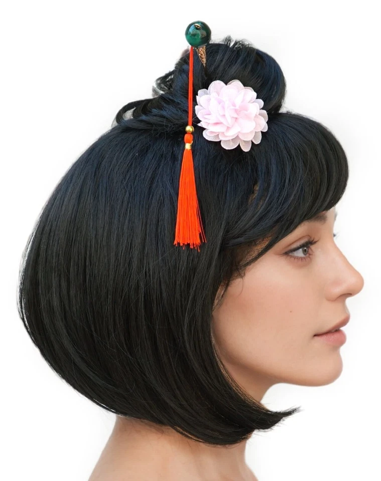 Geisha Glamour Black Wig Adult Short Bob Bangs Topknot Bun Japanese Asian China - Image 2 of 4